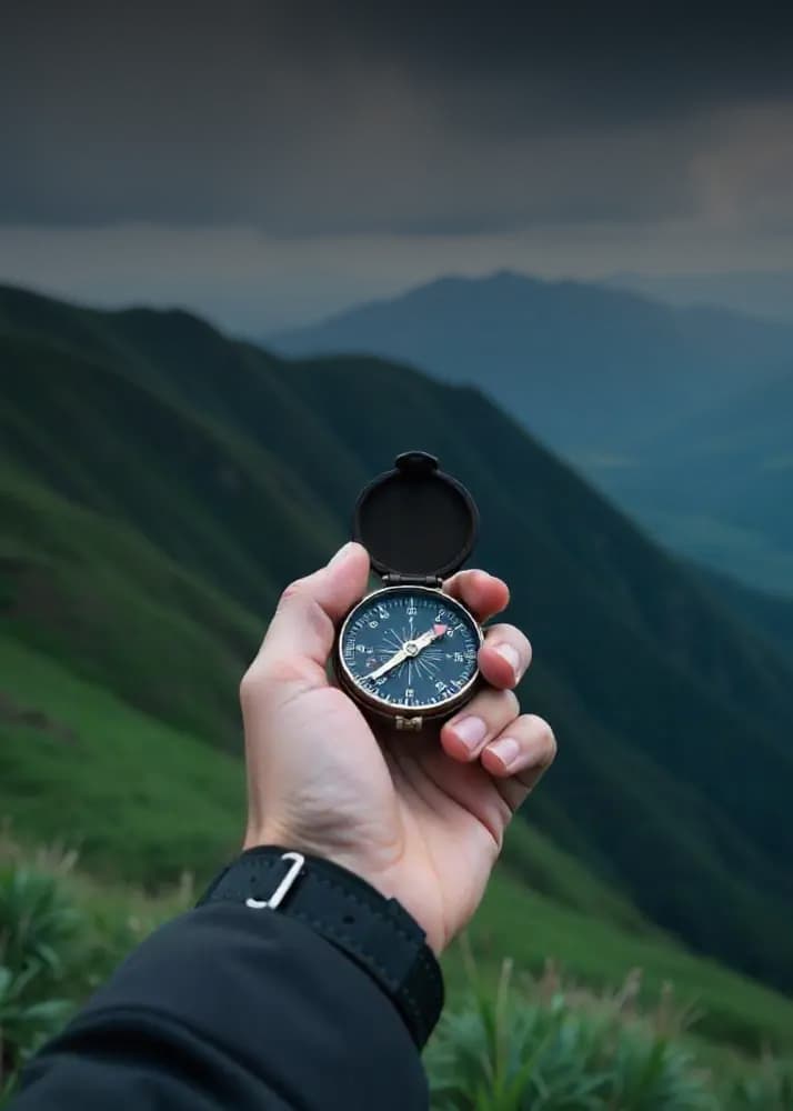 Hand holding compass with mountain view